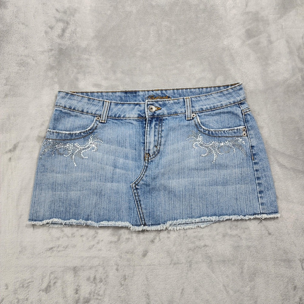 Vintage Jordache Skirt Womens 11/12 Blue Denim Micro Mini Rhinestones Frayed Hem